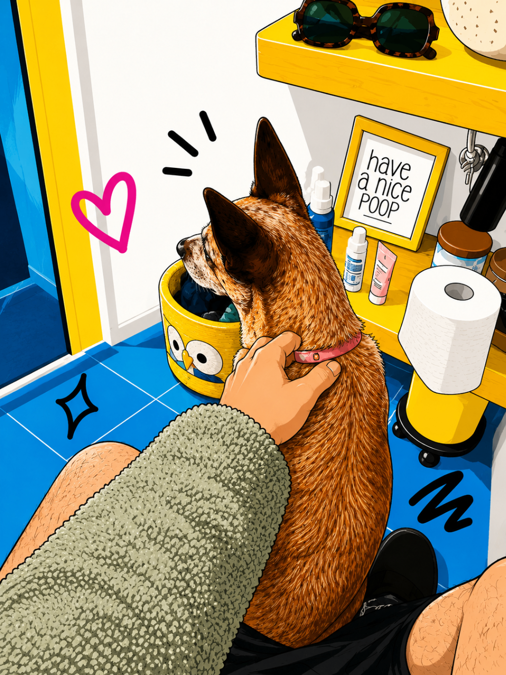 Jerry getting affection in a bright bathroom scene